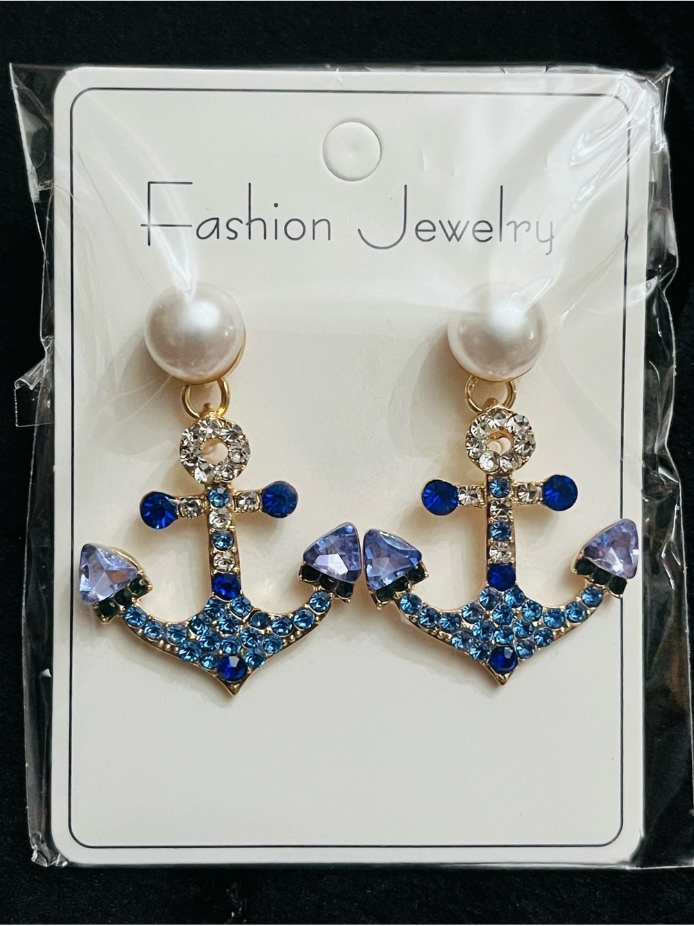Rhinestone Anchor Earrings With Faux Pearl Accents